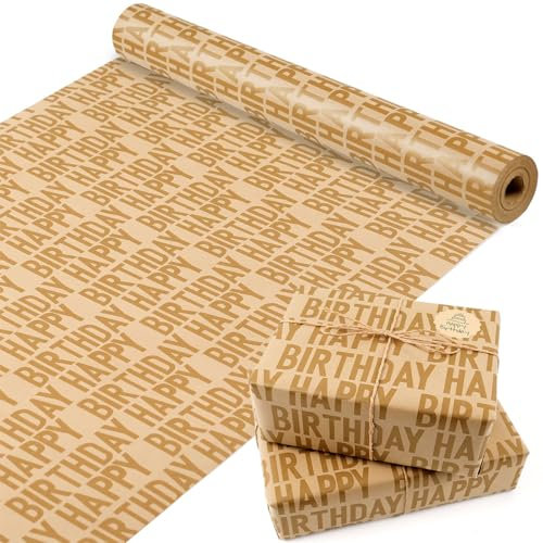 Geschenkpapier Geburtstag Rolle, Geschenkpapier kraftpapier Rolle, Golde Happy Birthday Geschenkpapierrolle zum Frauen Kind, Geschenkverpackung Papier für Geburtstagsanlässe, 15m x 43cm