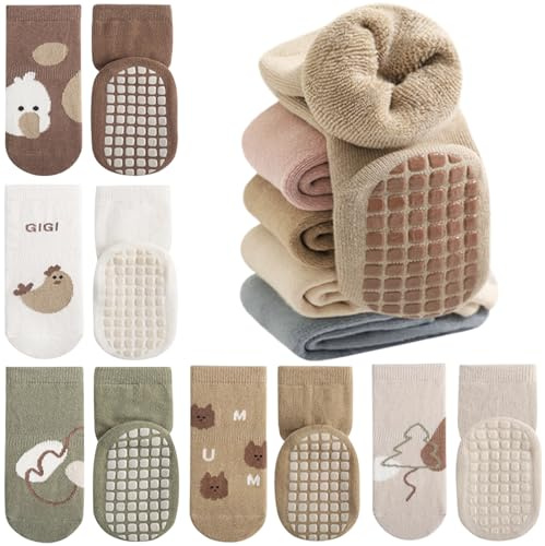 Domee Calzini Antiscivolo Spugna Invernali Termici Cotone Bambino 5 Paia Animali Natura 1-3 Anni (Produttore Taglia M)