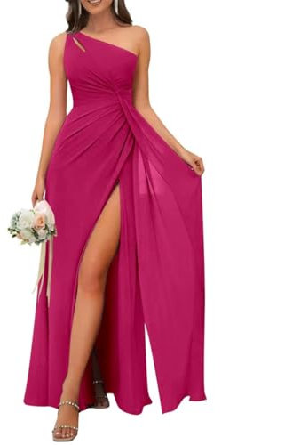 Vestido de gasa para dama de honor con un hombro descubierto, largo y plisado, vestido de noche formal con abertura, fucsia, 40