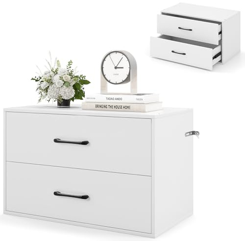 GIANTEX Cajonera de Almacenamiento con 2 Cajones, 60 x 34 x 38 cm, Armario Bajo de Madera, con Kit Antivuelco, Cómoda para Salón, Dormitorio (Blanco)