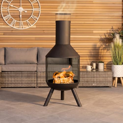 CHARLES BENTLEY Chauffage terrasse Moderne Rond 44.5cm, Acier thermolaqué Noir, cheminée, brûleur Bois/Charbon, Chaleur à 360°, résistant à la Rouille (116x44.5x44.5cm)
