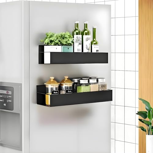 KedioPio Porta Spezie Magnetico per Frigo, 2 Pezzi Portaspezie Magnetico da Frigorifero con 4 Ganci, Mensola Magnetica Frigo Porta Spezie Calamita Metallo per Portaoggetti e Supporti la Cucina, Nero