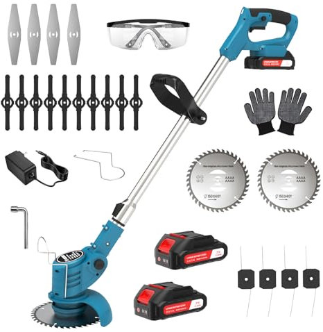 Desbrozadora Bateria- Desbrozadora 2 x 1500 mAh, 60 min de Uso, 4 Cuchillas, Mango Regulable, desbrozadora eléctrica para poda del jardín, Azul