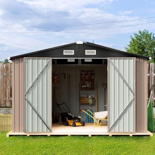 Aoxun 8 x 10 ft Outdoor Storage Shed Galvanized Metal Bike Shed, Tiny House Garden Tool Storage with Air Vent and Slide Door for Backyard Patio Lawn