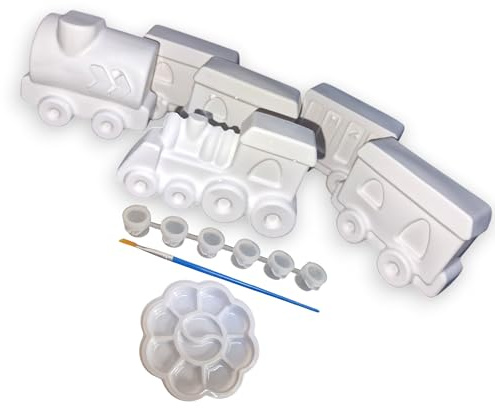 Paint Your Own Train Pottery Set, 1 Locomotive and 5 Wagons, with Paint and Brush, Plaster of Paris, 7.3 cm x 6 cm, Ready to Paint Pottery, Handmade, Kids Acitivty, Party Activity Idea, Train Gifts