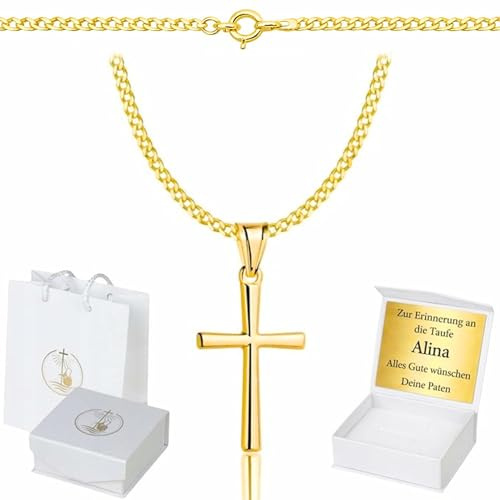 ZELYA Cadena de oro con cruz chapada en oro 925/585 de 14 quilates, cadena de eslabones para niñas y niños, cadena de comunión con cruz, cadena infantil para comunión y bautizo, caja de regalo con
