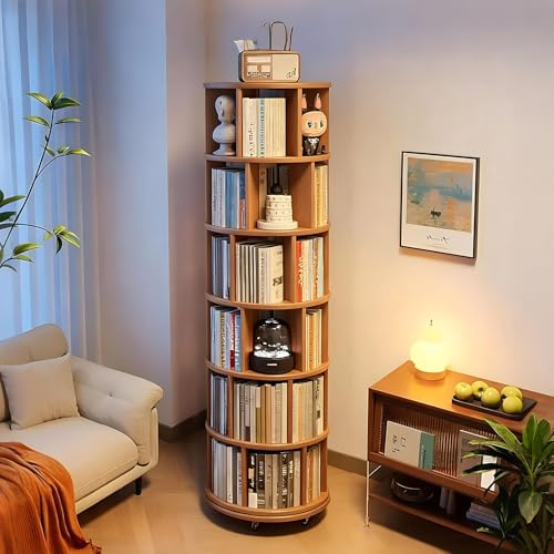 Scribora Estanteria Giratoria Libros, 6 Niveles de Madera Maciza Redonda de la Estantería de la Torre, 360 Grados Estantería Rodando para Niños Adultos,Aplicable a Salon para Dormitorio.