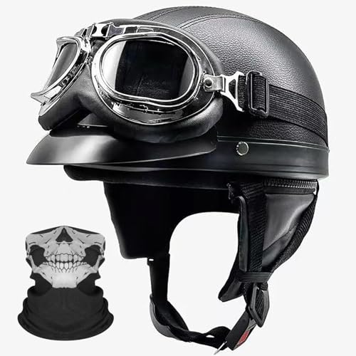 Casco Da Moto A Mezza Calotta, Omologato DOT/ECE, Stile Vintage Con Occhiali, Casco Da Moto Cruiser Per Uomo E Donna Adulti. 1,(56-61CM)