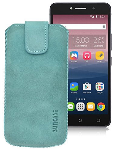 Suncase Original ECHT-Leder Tasche Etui für | Alcatel One Touch Pixi 4 (8050D) Dual-SIM (6 Zoll) | (mit Rückzugsfunktion, Magnetverschluss) Cover Hülle Schutz antik-türkis