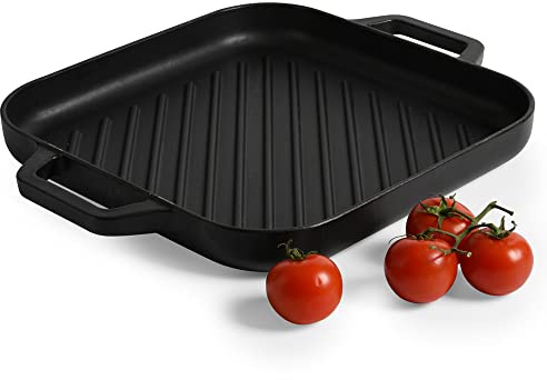 ProCook Matte Black Square Cast Iron Griddle with Ridged Inner Base Enamel Coated Induction & Oven Safe Cookware - 26 x 26 x 3 cm
