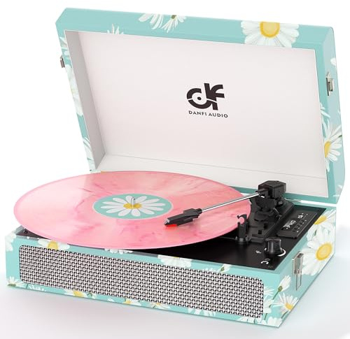 Vinyl Record Player Bluetooth with Built-in Speakers, Vintage Portable Suitcase Turntable 3-Speed with USB Recording Headphone/RCA/AUX Jack for Muisc Record Player Floral Blue