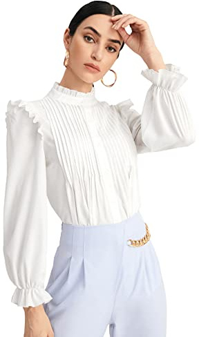 WDIRARA Women's Pleated Ruffle Trim Flounce Long Sleeve Mock Neck Blouse Top White M