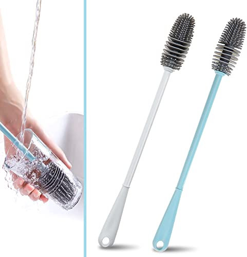 Spazzola per Bottiglie con Manico Lungo, 2 Spazzole in Silicone per Pulire Bottiglie, Tazze, Bollitori e Vasi