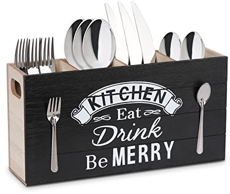 JAZUIHA Besteckkorb Tisch, 4 Fächer Besteckhalter aus Holz, Besteck Organizer Besteckbox Besteckkasten Utensilienhalter, Besteckständer für Arbeitsplatte Küchentisch Schrank Küche Party, Schwarz