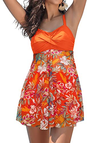 SHEKINI Femme Elégant Twisted Ruched Maillot de Bain 1 Pièce avec Jupette Réglables Abdominal Contrôle Ourlet Imprimé Maillot Une Pièce Bikini Robe de Plage(S, Orange)