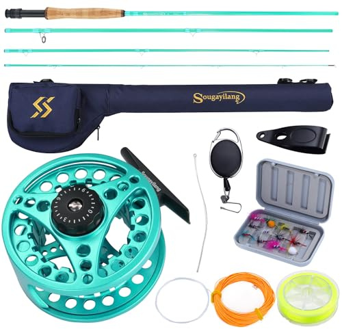 Sougayilang Fly Fishing Combo, 4 Piece Fly Rod and Die Cast Aluminum Alloy Reel Complete Starter Package with Rod Bag-Turquoisee-#5