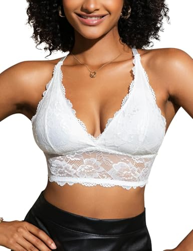 SHEKINI Bralettes for Women Wireless Lace Bra Racerback Corset Bra V Neck Longline Crop Top Adjustable Straps Plus Size