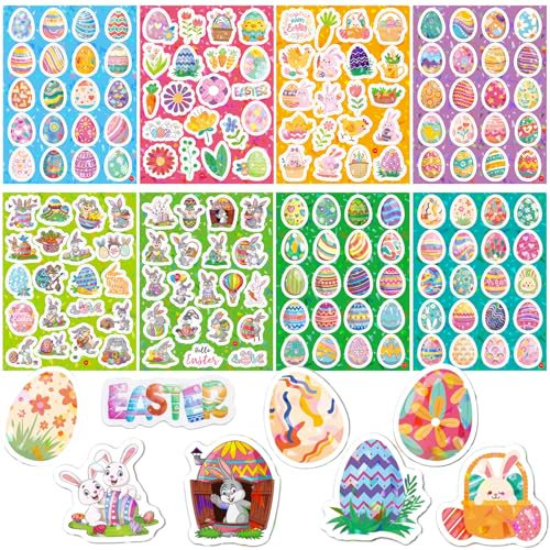 Aufkleber Ostern, Ostern Deko, 160 Stück (8 Blätter) Große Eierfarben Ostern Sticker, DIY Frohe Ostern Aufkleber, Aufkleber Frohe Ostern für Geschenktüten Ostern, Osterparty Geschenkzubehör