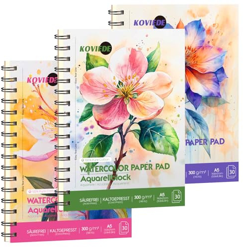 KOVIEDE 100 % bomull akvarell pappersdyna 14 cm x 8,5 tum 63,5 kg/300 gsm | 3-pack, 90 ark totalt, kallpress, syrafri, spiralbunden akvarell skissbok, konstnärskvalitet konst journal tillbehör