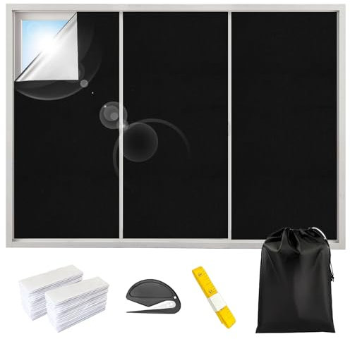 Fenster Verdunkelung 3m x 1,45m, Dachfenster Verdunkelung Innen Sonnenschutz Fenster Ohne Bohren, schwarzes Tuch Mit einem Maßband Verdunkelungsfolie Thermofolie Meterware für Schlafzimmer