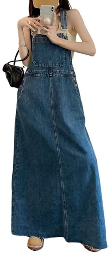 chouyatou Women's Adjustable Strap Distressed Denim Overall Dress A-Line Back Split Pinafore Bib Jean Dress (Medium, Retro Blue)