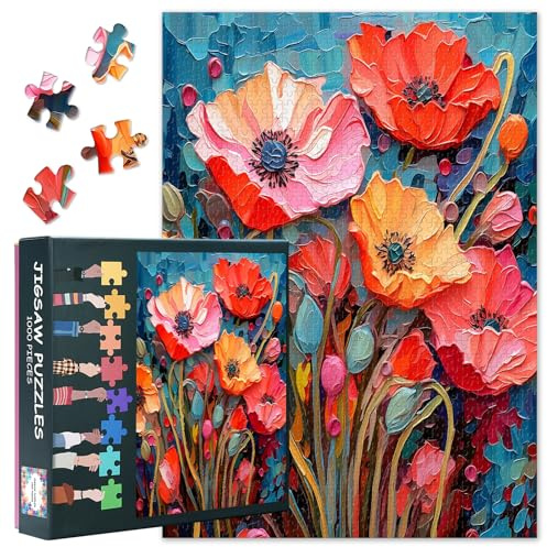 Puzzle 1000 Pièces Coquelicots Abstrait Tons Pastel Puzzle en Papier Premium Art Botanique pour Adultes XXL Motif Floral Peinture Murale Décorative Texture Pittoresque Taille du Motif: 27.5X