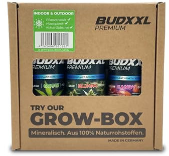 BUDXXL 3-in-1 Grow-Dünger-Set - Wachstum, Bloom, Blüte Booster - Made in Germany - Konzentrat mit Düngeschema, Mineralisch aus 100% Naturrohstoffen (3x 250ml Grow-Box)