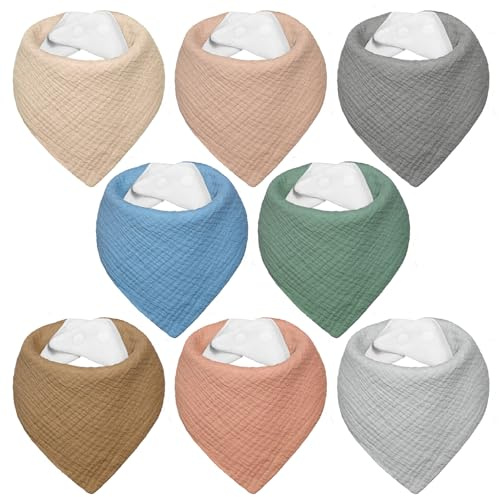 IKWOLETI Baberos Bebe Recien Nacido, Bavoirs Bebe Triangulares de Muselina, Baberos Bandana para Bebe Unisex, Altamente Absorbentes, Transpirables y Ajustables, 8 Piezas