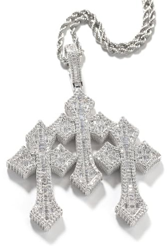 POKOKORR Men's Rope Link Chain Pendant, Moissanite and Gold, Hip Hop Iced out Jewelry Necklace 24 Inches (Silver)