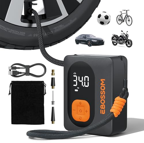 Gonfleur pneus Voiture, Compresseur à Air Portatif, Mini Compresseur Voiture Portable Electrique Pompe a Velo, Inflator Affichage Numérique et Lumière LED pour Vélos Motos Ballons Flexible de 15 cm