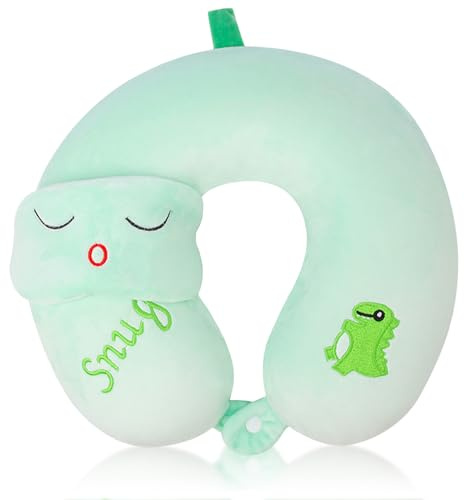 BEKKLPOU Oreiller en Forme De U De Dessin Animé, Coussin De Voyage Enfant, Livré avec Un Masque pour Les Yeux Et La Taie d'oreiller Est Amovible Et Lavable (Dinosaure Bleu Sarcelle)