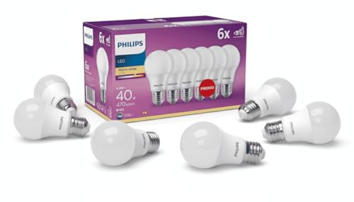 Philips GLS LED Light Bulbs, E27, 4.2W, 470 Lumens, Warm White 2700K – 6 Pack