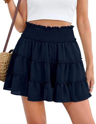 PASUDA Gonna Donna Mini Estiva Elegante Elastico Vita Alta Corta Gonna in Tulle a Balze con Pantaloncini Casual Tinta Unita Bohemien Abiti da Mare Spiaggia Estate Vacanze(Blu Navy,XL)