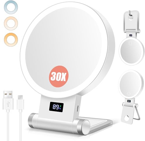 B Beauty Planet 30X/1 x sminkspegel med förstoring, upphöjt stativ, batteriindikator, 2 000 mAh batteri, dubbelsidig bordsspegel, 3 färgljus, vägg, vikbar – för hem och resor