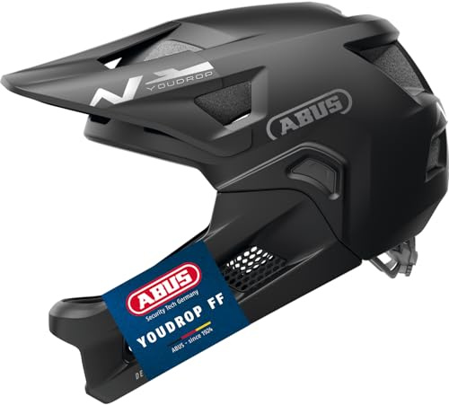 ABUS YouDrop FF - Casco de Bicicleta de montaña para niños y jóvenes, para iniciar el Ciclismo de montaña, con Protector de Barbilla extraíble, Color Negro, Talla S
