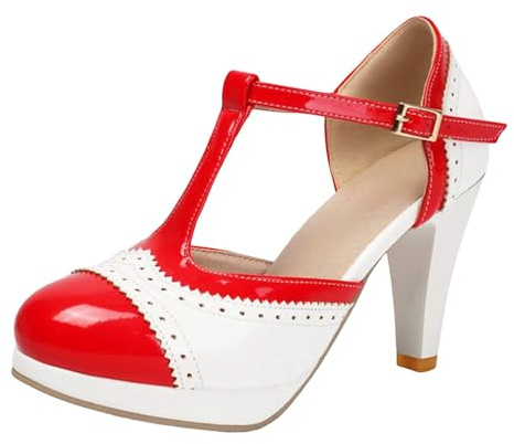 Shoes Women's Elegant High Heels Colour Block Costume Shoes Dance Shoes Closed Round Toe Pumps T-Strap Wedding Shoes Clip Pumps for Weddings Oktoberfest Office and Party, red, 2/2.5 UK