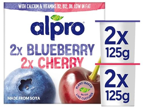 Alpro No Bits Blueberry and Cherry, Plant-Based & Soya Yoghurt Alternative, Vegan & Dairy Free, 4 x 125g