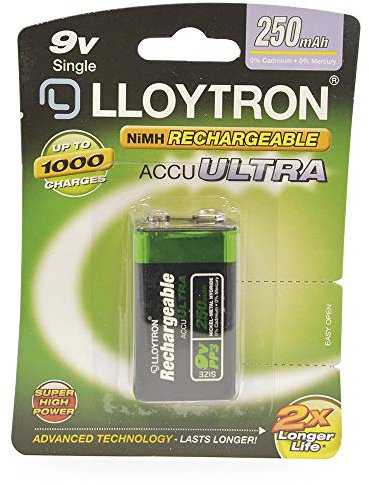 LLOYTRON NiMH Rechargeable AccuUltra Battery / 9V (PP3) Size / 250mAh / 1 Pack - B018