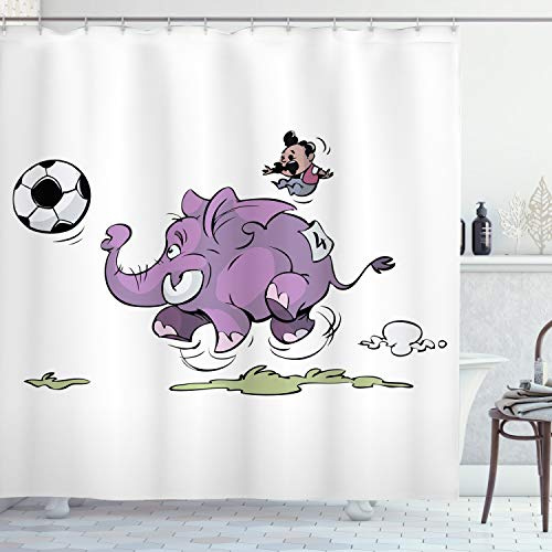ABAKUHAUS Tier Duschvorhang, Elefant das Fußball spielt, Stoffliches Gewebe Badezimmerdekorationsset mit Haken, 175 x 220 cm, Weiß Lila