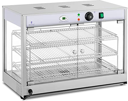 Royal Catering Heiße Vitrine RCHT-1200B (1.200 Watt, LED-Display, 25-85 °C, hergestellt aus Edelstahl und gehärtetem Glas)