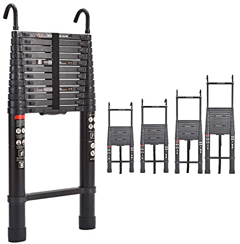 6.2M Telescopic Ladder with 2 Detachable Hooks, 20.34 feet Black Aluminum Multi-Purpose Extension Straight Ladder, Adjustable Height, with Anti-Slip Feet, 330lbs Load Capacity, EN131 Standard