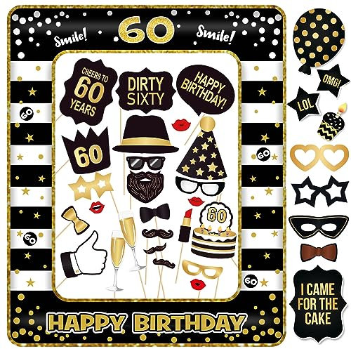 60 Geburtstag Photo Booth 34 Stück Fotorequisiten und 1 Stück Bilderrahmen Aufblasbar Deko 60. Geburtstag Frau Mann Foto Requisiten Geschenke