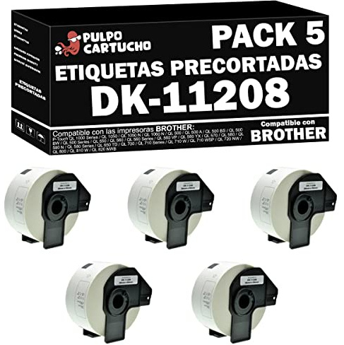 Pack de 5 Compatible Brother DK11208 - Etiquetas Genéricas Precortadas de Dirección Grandes - 38x90 mm - 400 Unidades - Texto negro sobre fondo blanco. Etiquetas DK-11208 de papel térmico blanco.
