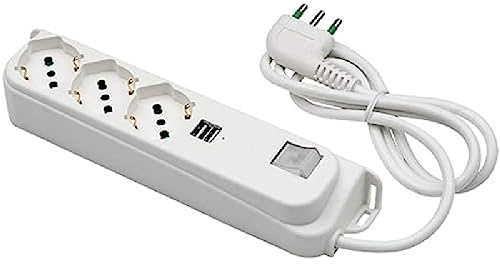 FANTON 47450 Multipresa 3 posti + USB OMEGA 3 prese bipasso/schuko 2P+T 16A e 2 prese USB-A 5V 3A ciabatta cavo 1,5 m. spina a squadra grande 2P+T 16A + interruttore bipolare luminoso