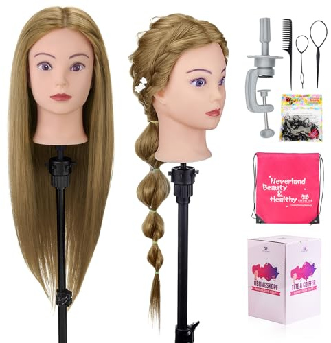 Neverland 71cm Tête à coiffer professionnelle avec 60% Cheveux Humains | Tête d’entraînement pour Salon et Formation de Coiffure avec Pince de Table et Kit de Coiffure pour Tresses