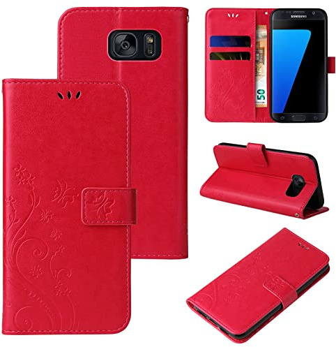 LBH Handy Hülle für Samsung Galaxy S7 Case Handytasche Schmetterling Blumen Flower Standfunktion Schutzhülle Magnet Rundum Schutz 360 Grad Flipcase Cover Rot