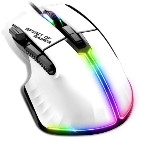 Spirit Of Gamer | Mouse Gaming Biancocablato PC 12800 DPI | Mouse RGB con 8 Pulsanti Programmabili di cui 1 Rapid Fire | 13 Effetti di Retroilluminazione | Ergonomico con Appoggio per Pollice