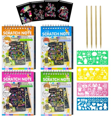 GOTFUN 40 Seiten 4 Stück Kratzbilder Kinder Kratzzeichnung Graffiti Set 4 Malschablonen, Kratzbilder für Kinder, Magic Scratch Book Farbverlauf mit Holzstiften, für Kinderkritzeleien, DIY Malerei