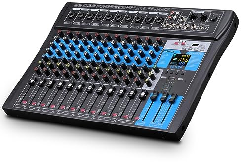 BOMGE Professional Mixer Sound Board Console 12 Channel Desk System w/USB Audio Interface USB-B Recording, BT Function, 99 DSP Effects, 48V Phantom Power Stereo DJ Studio FX Steel