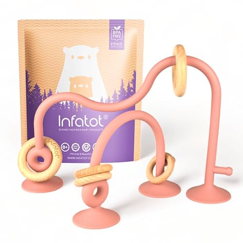 Infatot® Teething Suction Toy – Wood & Silicone Baby Toys 0-6 Months, Sensory Toy for Early Development, Suction Teether for High Chair, Baby Gift for Boys and Girls - Plum